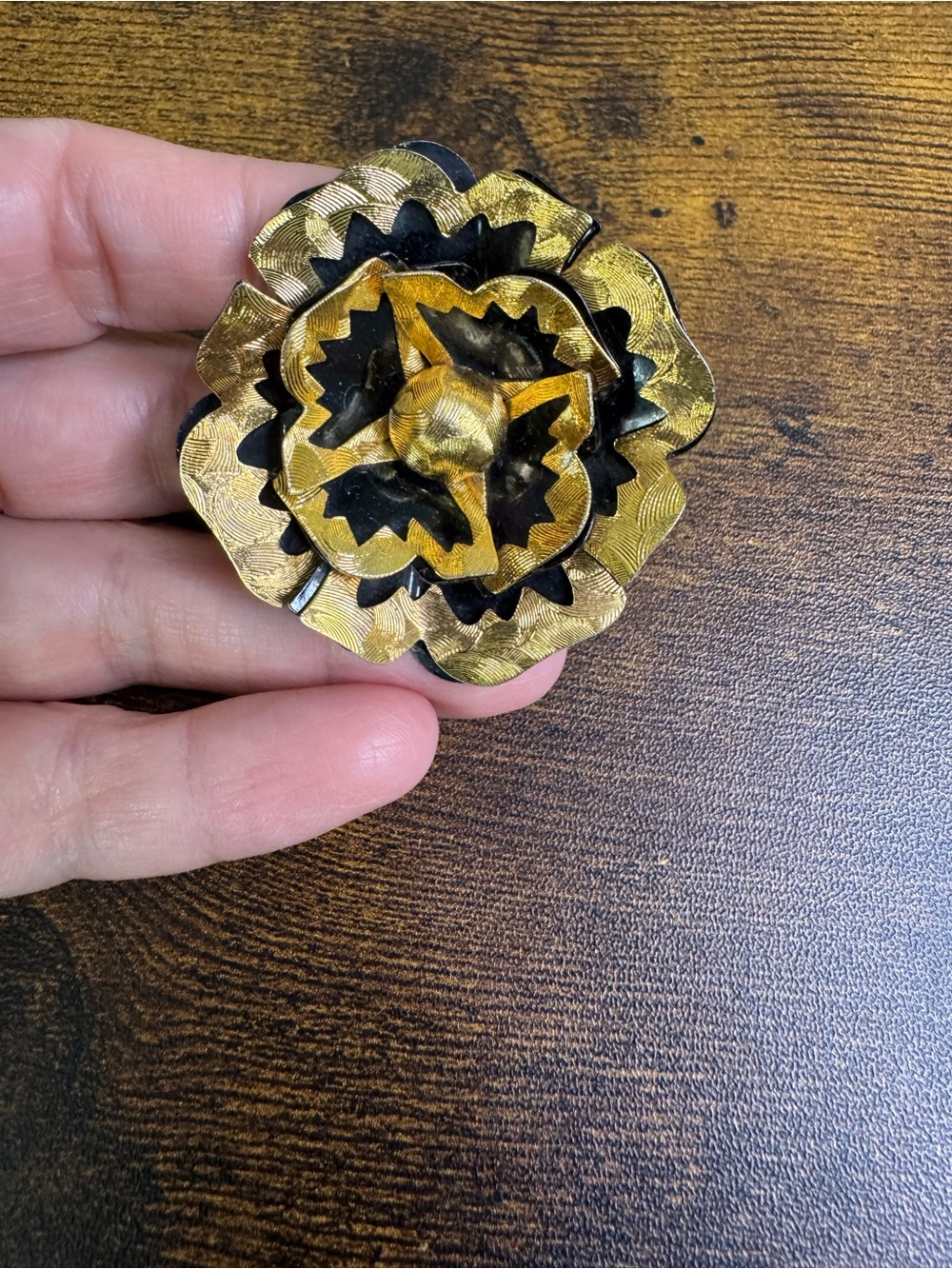 Vintage Layered Floral Metal Brooch - Gold and Black